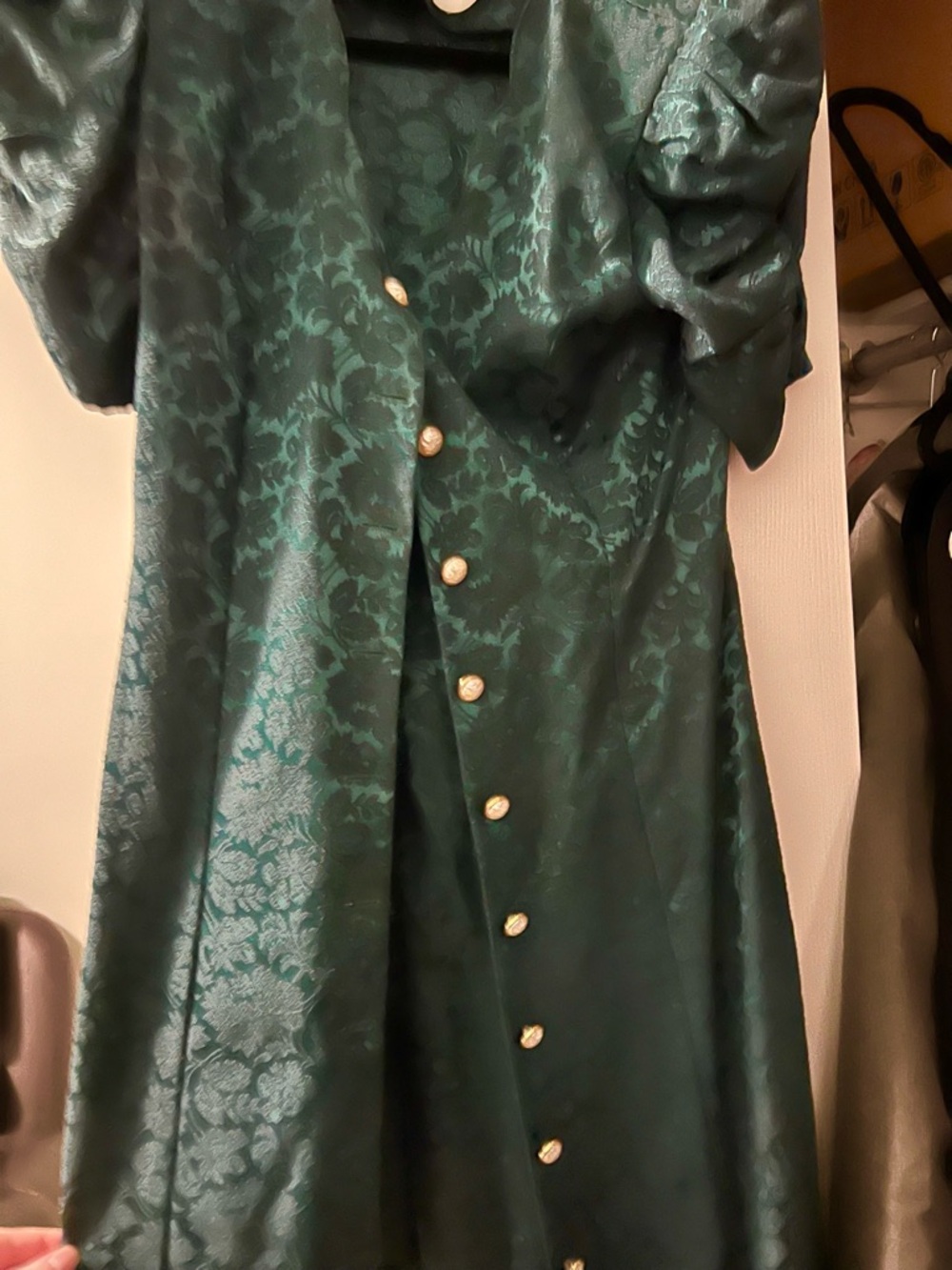 Vintage All that Jazz Emerald Brocade Mini Dress with Gold Buttons